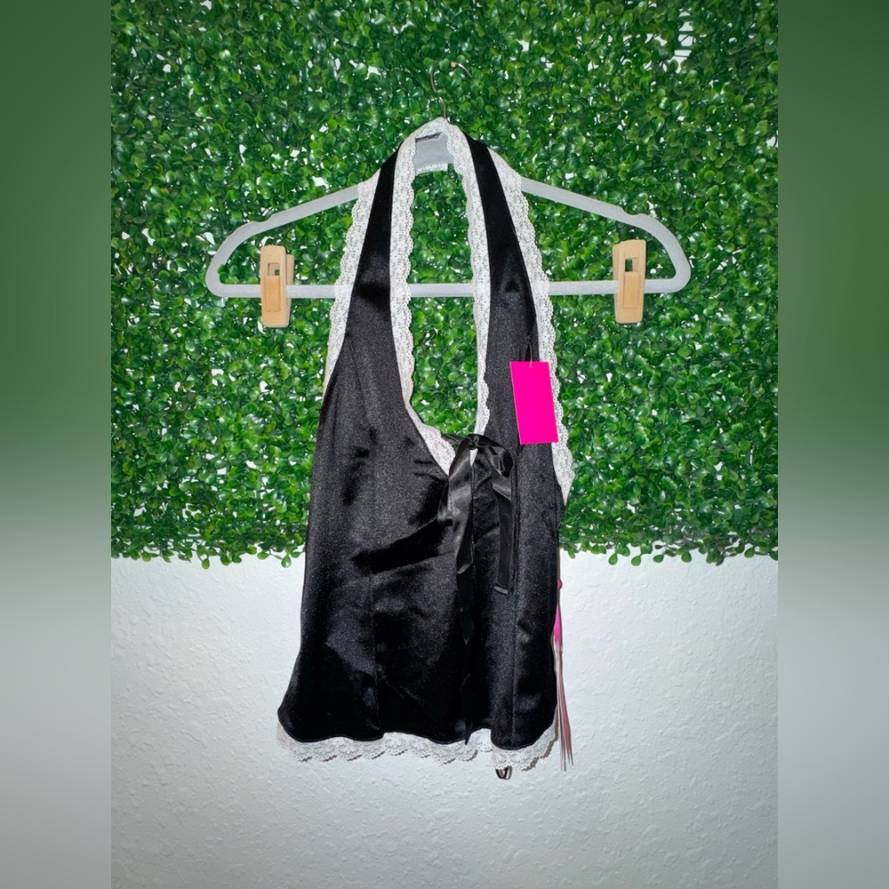 Black Satin Halter Top with Lace Trim - by Paris Hilton